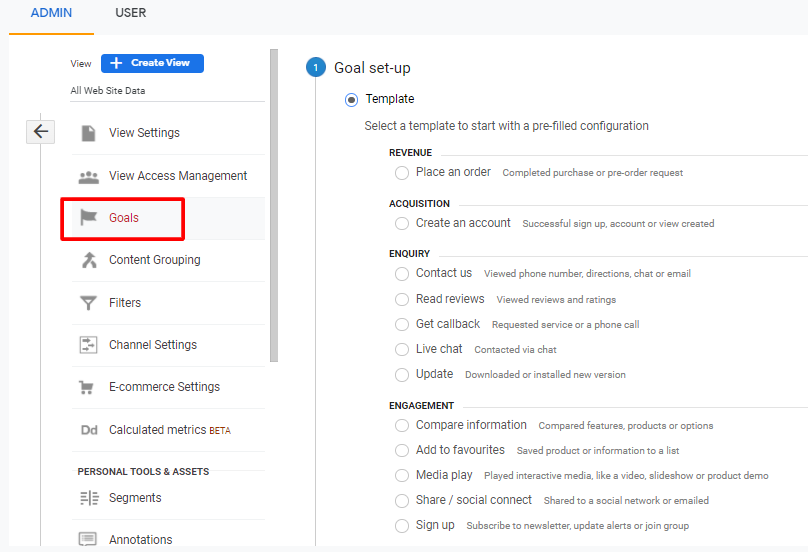 configuração de objetivo